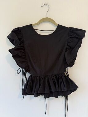The Label Black Ruffle Peplum Top Open Lace Up Back Blouse Size S
